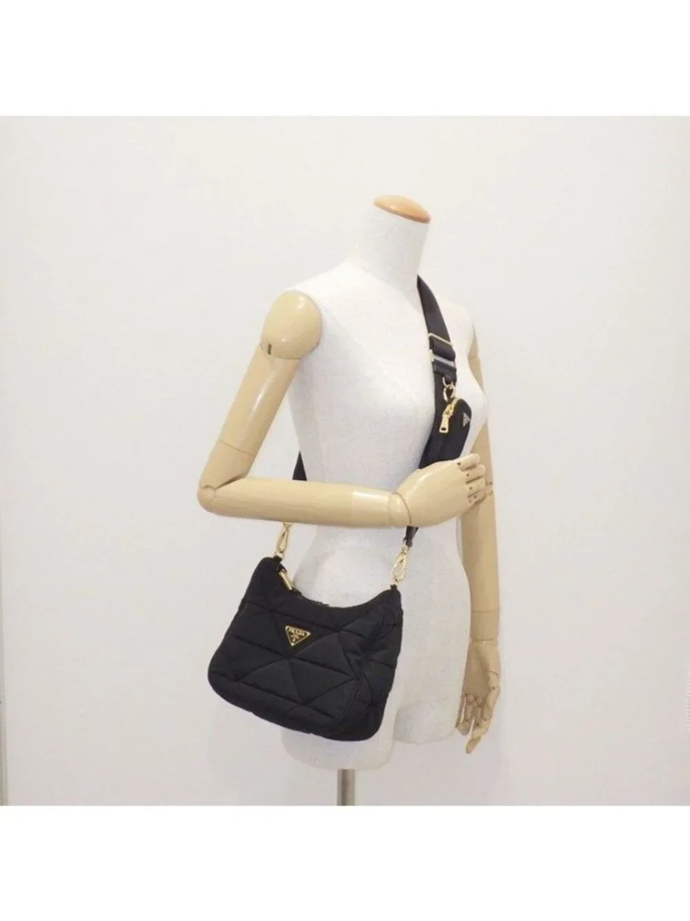 Prada Shoulder Bag Patted Quilted Re-Nylon Black Recycled Polyamide Gold